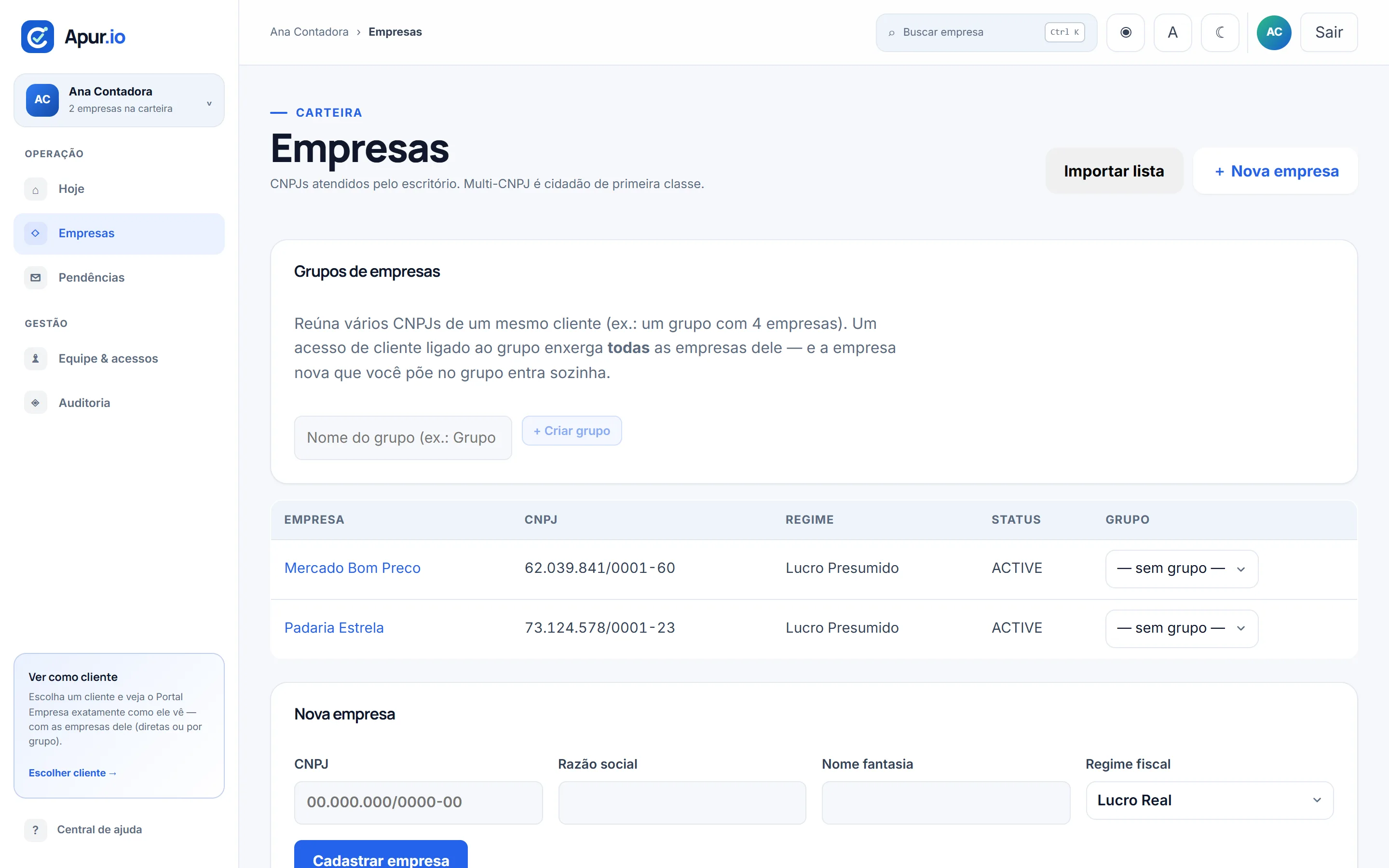 Tela de Empresas do Apurio: a carteira do escritório com CNPJ, regime fiscal, situação e grupo de cada empresa.