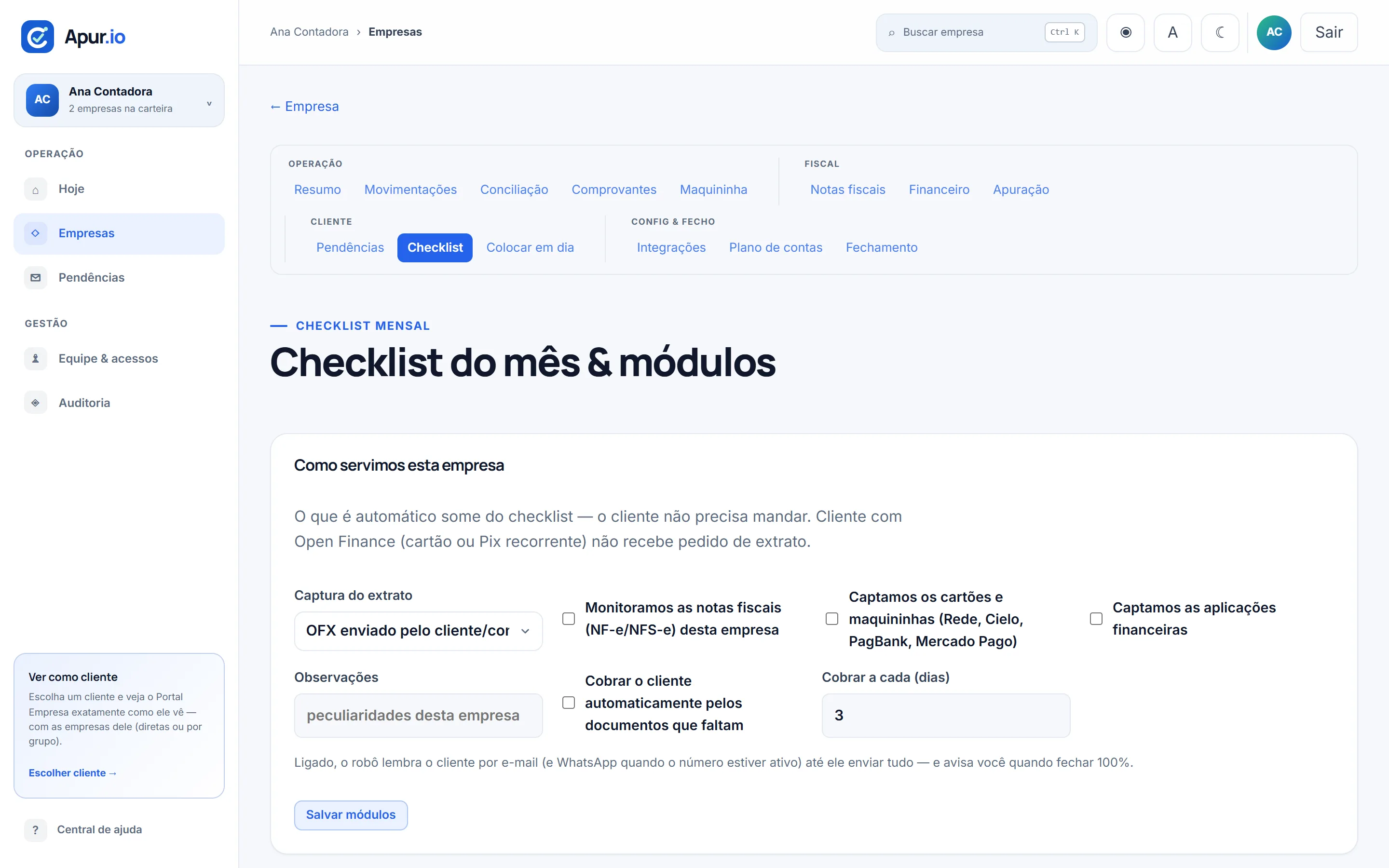 Tela de checklist mensal do Apurio: itens pedidos ao cliente, o que já foi recebido e o que é capturado automaticamente.