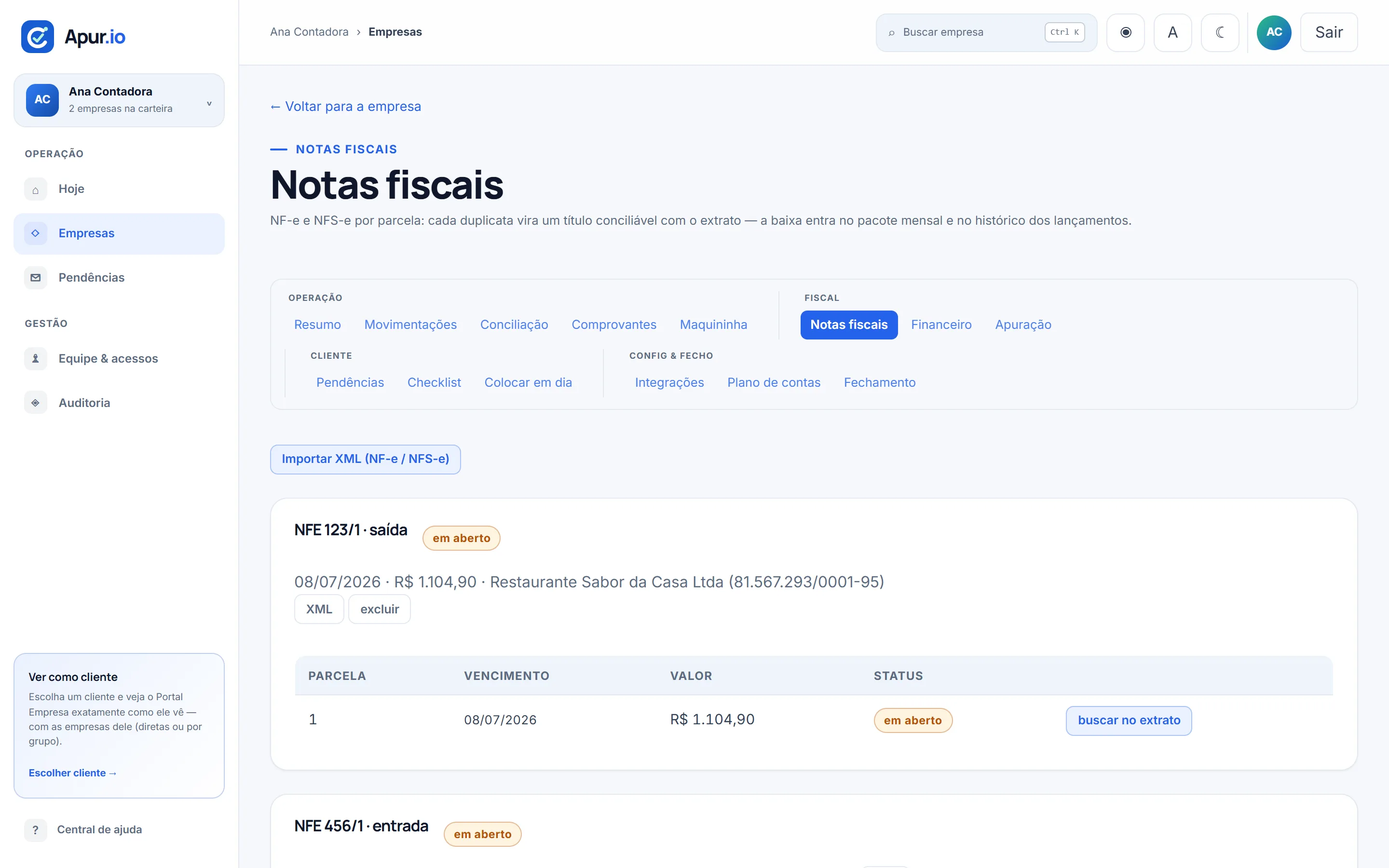 Tela de Notas fiscais do Apurio: notas de entrada e saída da competência, com origem e situação.
